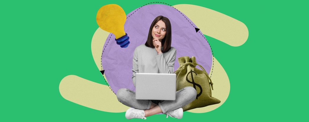 Kolaż przedstawiający twórczynię, która zastanawia się, jak zarobić na webinarze. Obok niej symboliczna żarówka i worek z pieniędzmi.