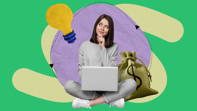 Kolaż przedstawiający twórczynię, która zastanawia się, jak zarobić na webinarze. Obok niej symboliczna żarówka i worek z pieniędzmi.